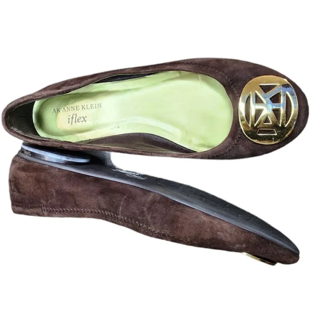 AK Anne Klein iFlex AKPIERRE Ballet Flats Shoes Suede Leather Brown Gold 6